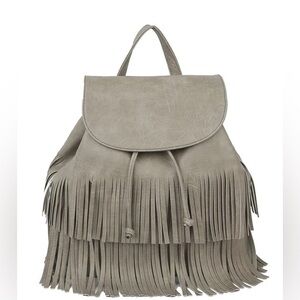 Grey Fringe Vegan Leather Drawstring Convertible Backpack by Metro Muse USA